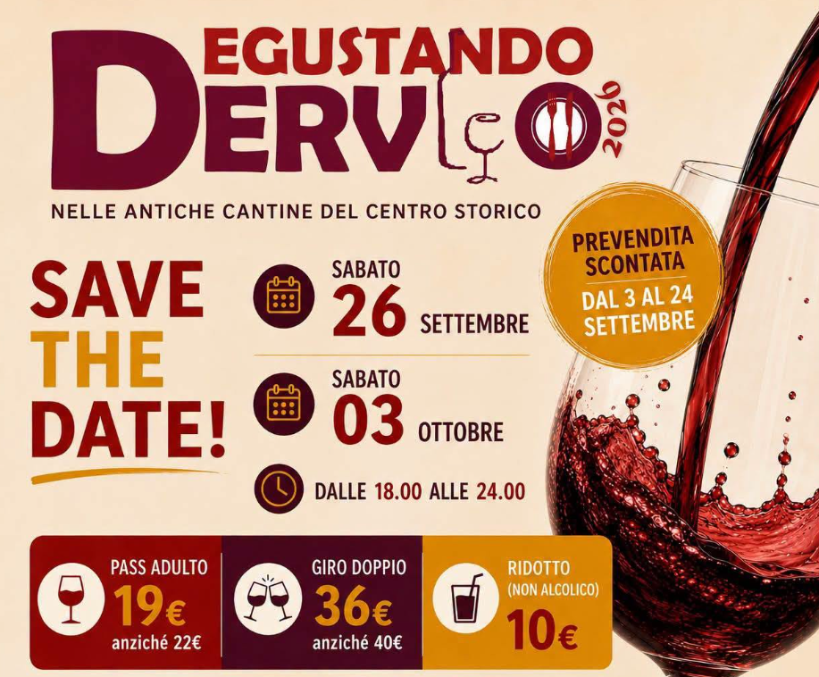 Degustando Dervio 2026 promotional flyer for the wine-cellar tasting event in Dervio's historic centre, held September 26 and October 3, 2026